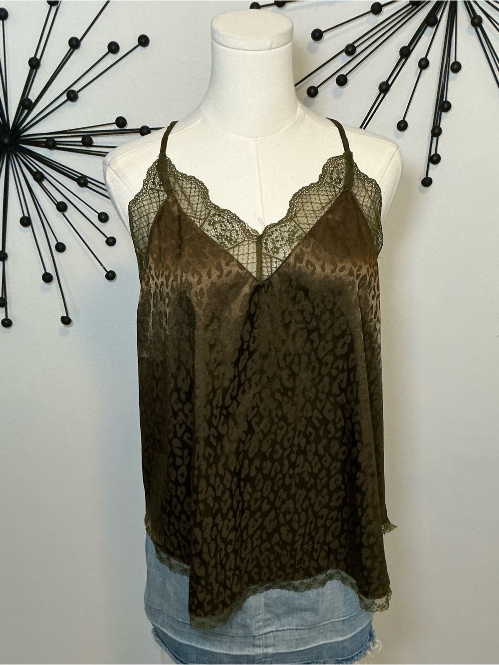 La Miel Olive Leopard Print Satin Lace Cami Tank Top Medium Y2K